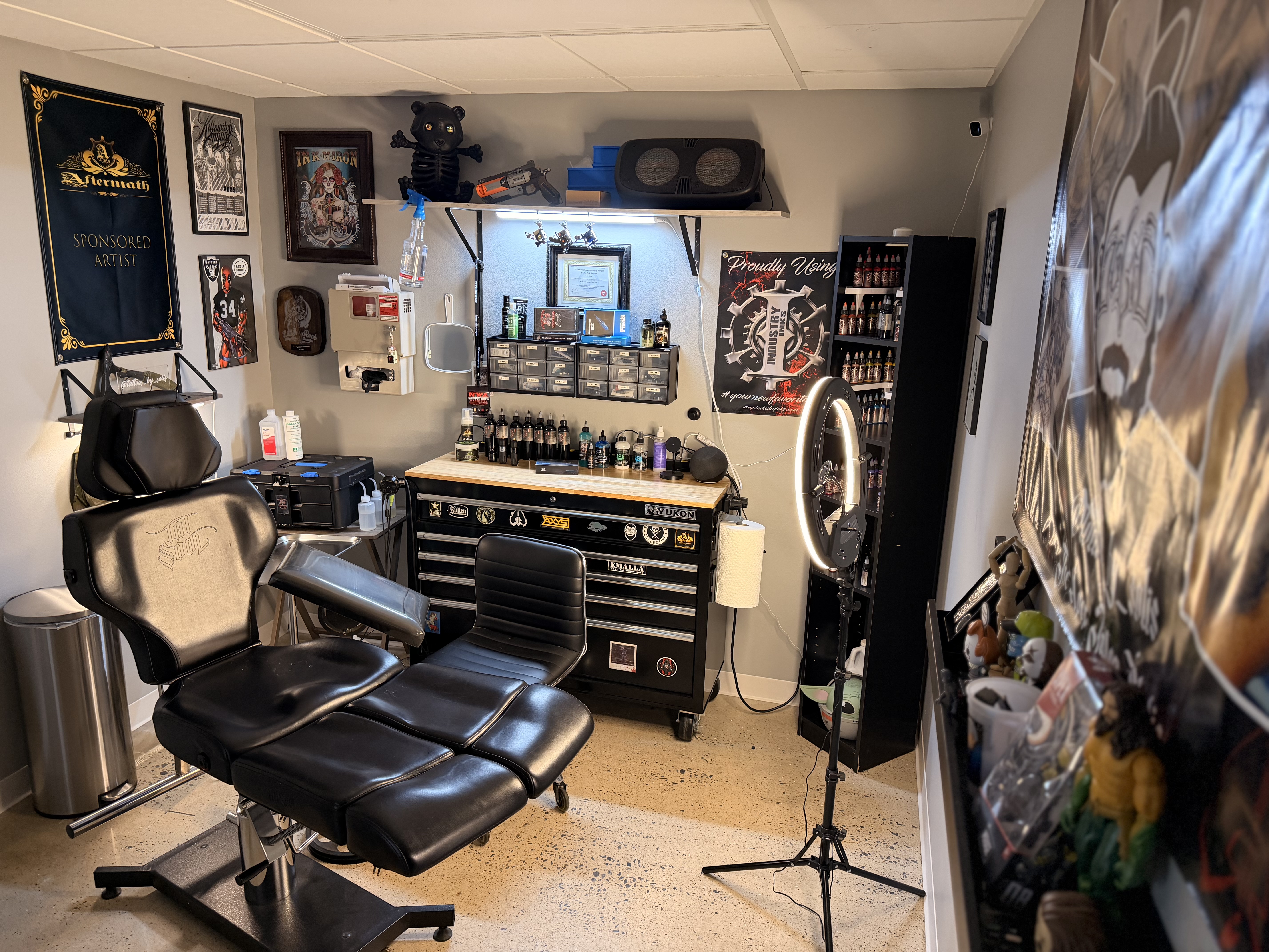 Full professional workstation at Apex Tattoo Conway Arkansas with Industry Inks